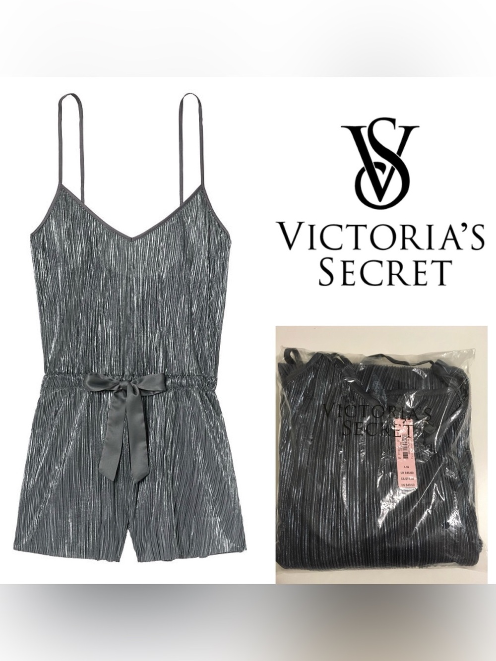 🆕VICTORIA’S SECRET - M/L - NWT - GREY METALLIC SHINE PLEAT SLEEP ROMPER / SLIP